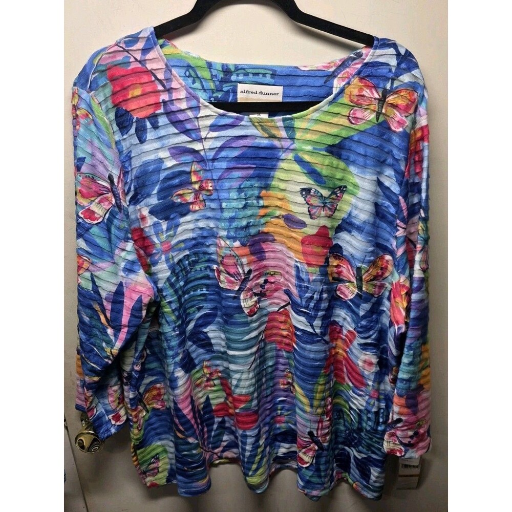 NWT ALFRED DUNNER Plus Size 3X Tropical Butterfly Ruffle Textured Top